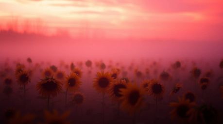 Experience a soft, dreamy atmosphere in this stunning image of a hazy sunflower field.  The deep red and purple hues of the s