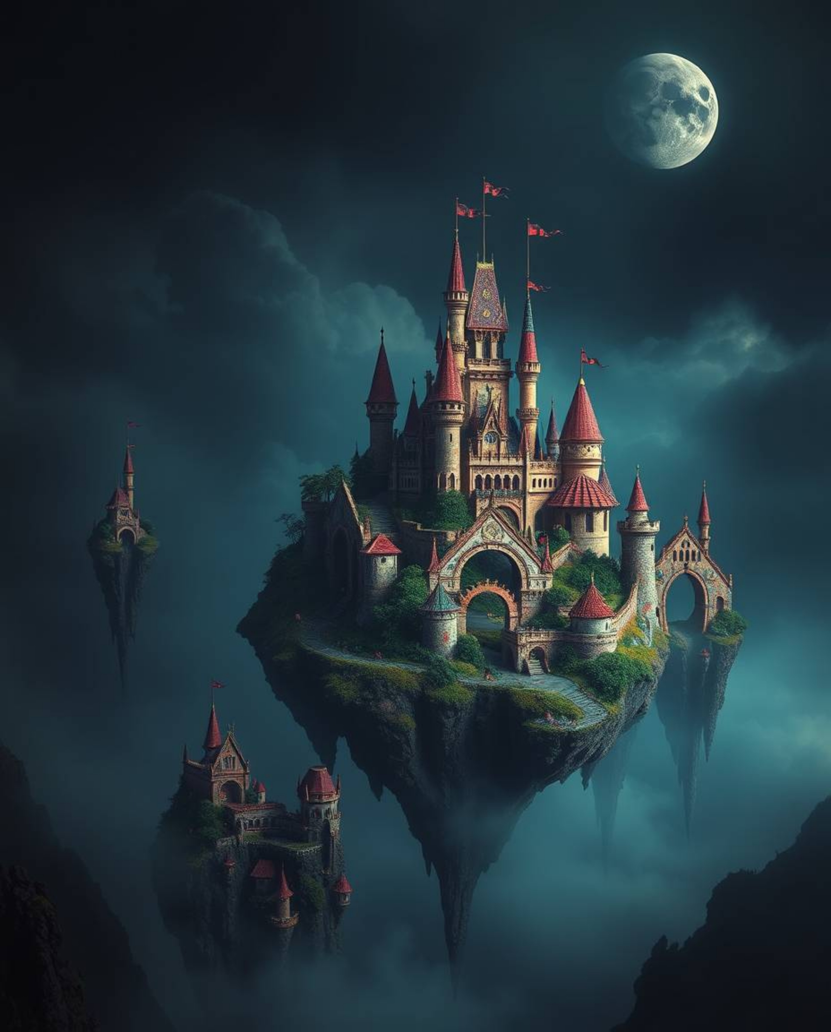 Immerse yourself in a fine art photograph depicting a vibrant kingdom with fantastical floating islands and majestic castles.