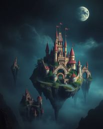 Immerse yourself in a fine art photograph depicting a vibrant kingdom with fantastical floating islands and majestic castles.