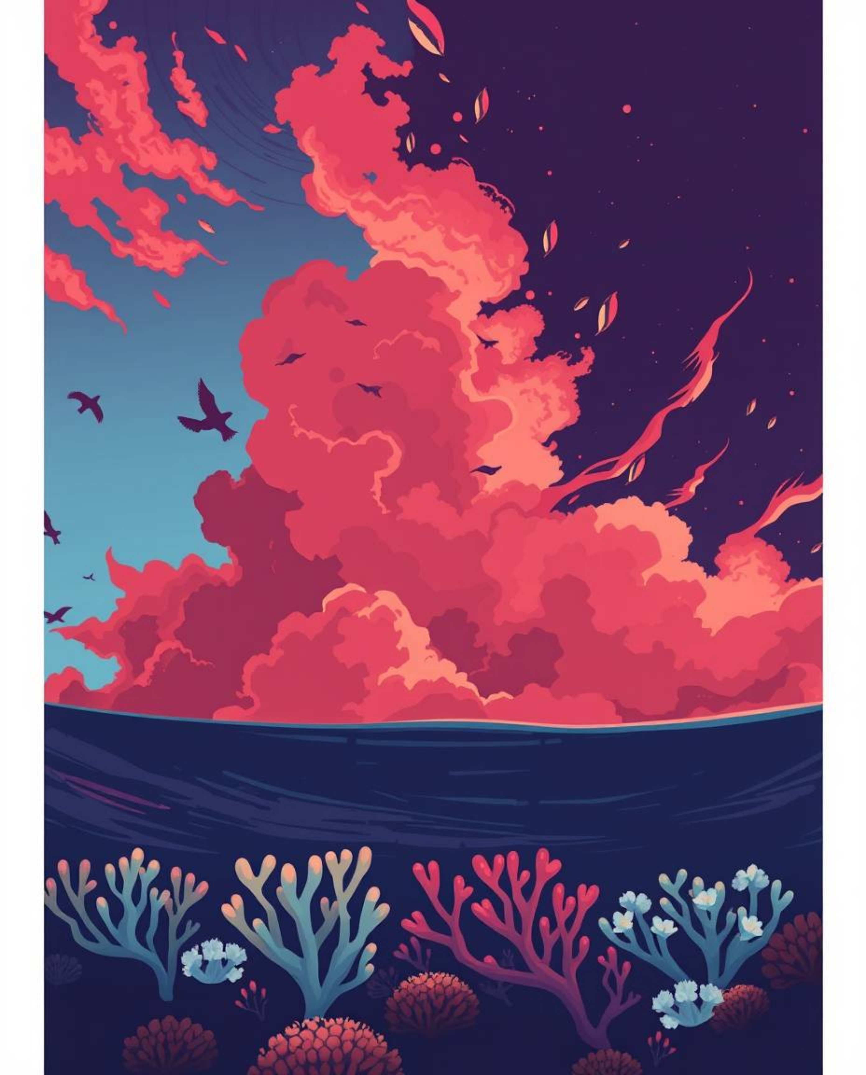A sophisticated and elegant illustration, rendered from a low-angle perspective looking up, depicts a colorful sky over a cor