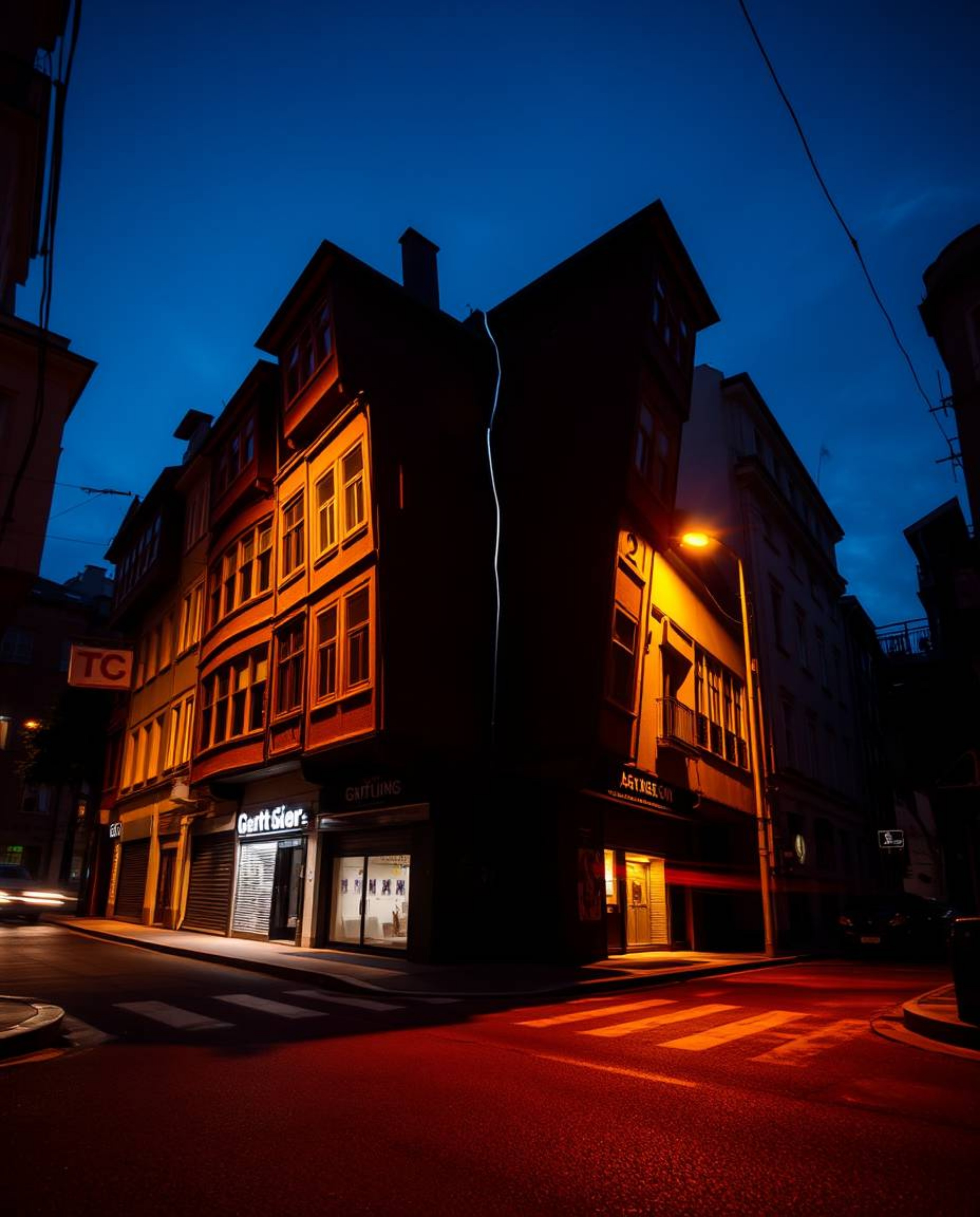 Explore a surreal street scene captured with long exposure photography, featuring buildings that fold and twist in impossible