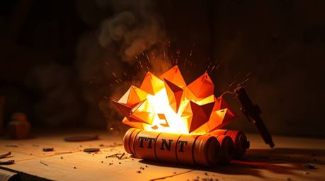 A classic exploding TNT gag set in the wild west is reimagined as intricate origami art. This piece features dramatic lightin