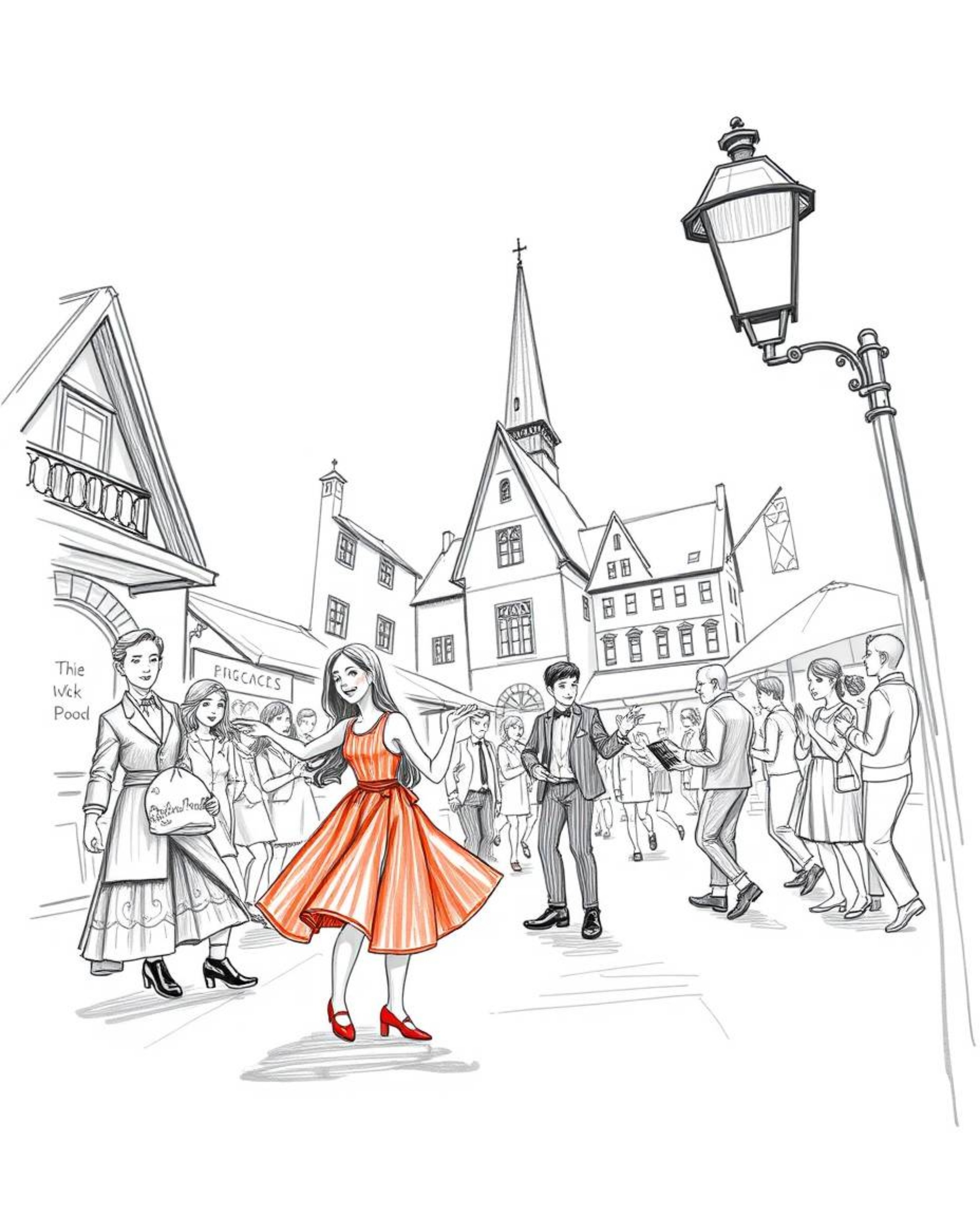 Experience a vibrant musical number set in a bright town square, captured as a detailed hand-drawn sketch. This tight close-u