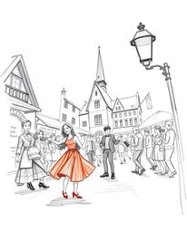Experience a vibrant musical number set in a bright town square, captured as a detailed hand-drawn sketch. This tight close-u