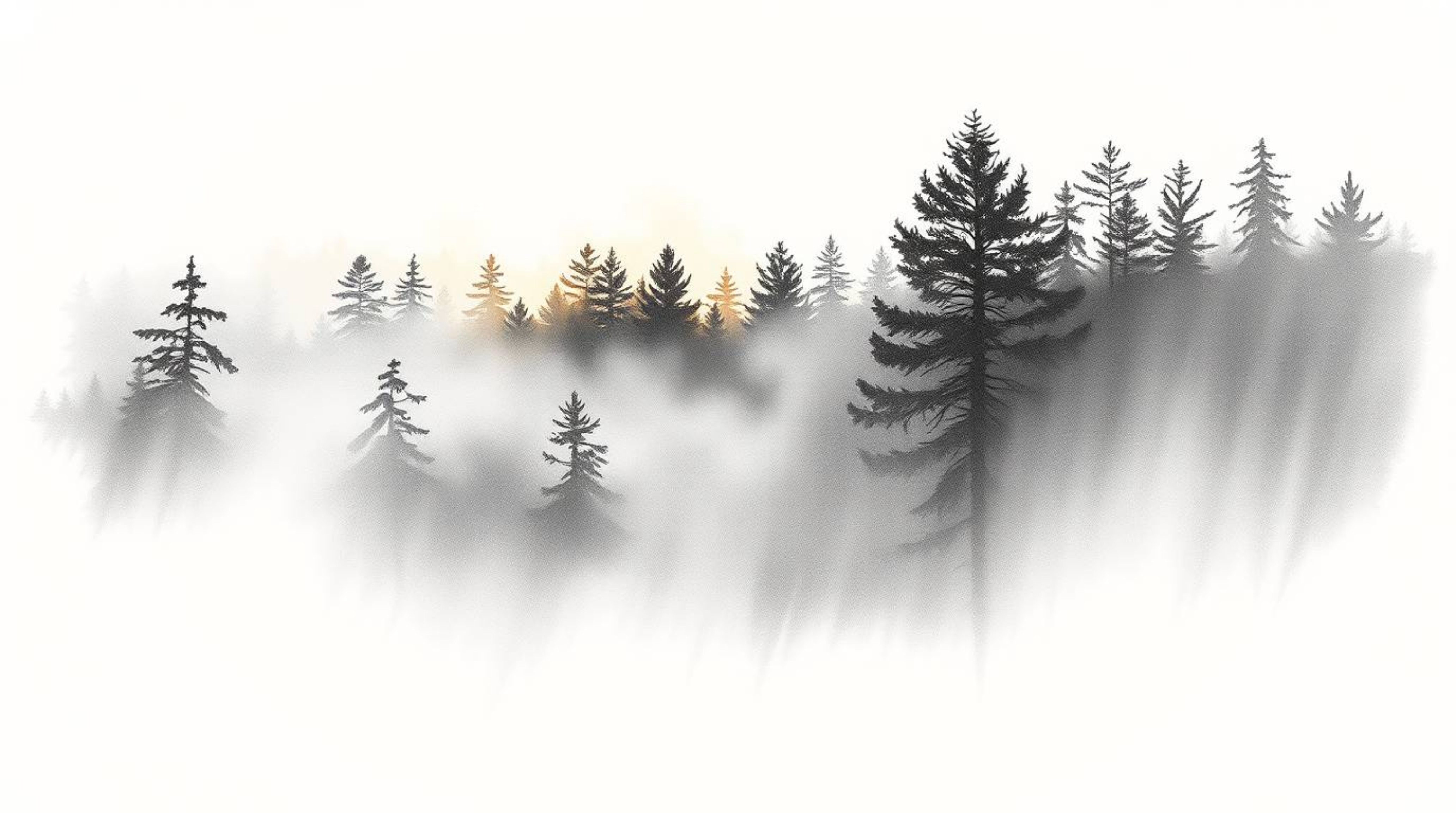 A high-contrast, low-key hand-drawn sketch depicting mist rising from a forest at golden hour. The artwork features rough tex
