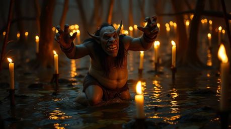 A captivating professional photograph depicts an ogre joyfully dancing in a swamp, bathed in the warm glow of flickering cand