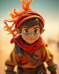 A brave Disney-style hero embarks on a thrilling desert adventure, rendered in warm tones of reds, oranges, and yellows. The 