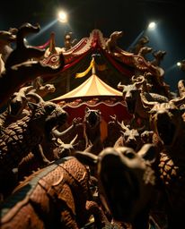 Experience a surreal carnival scene overtaken by wild animals, meticulously sculpted from layered papier-mâché. This artwork,