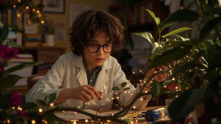 a cinematic, warm-toned photograph of a bespectacled, curly-haired homeschooled genius with a bright, inquisitive gaze, dress