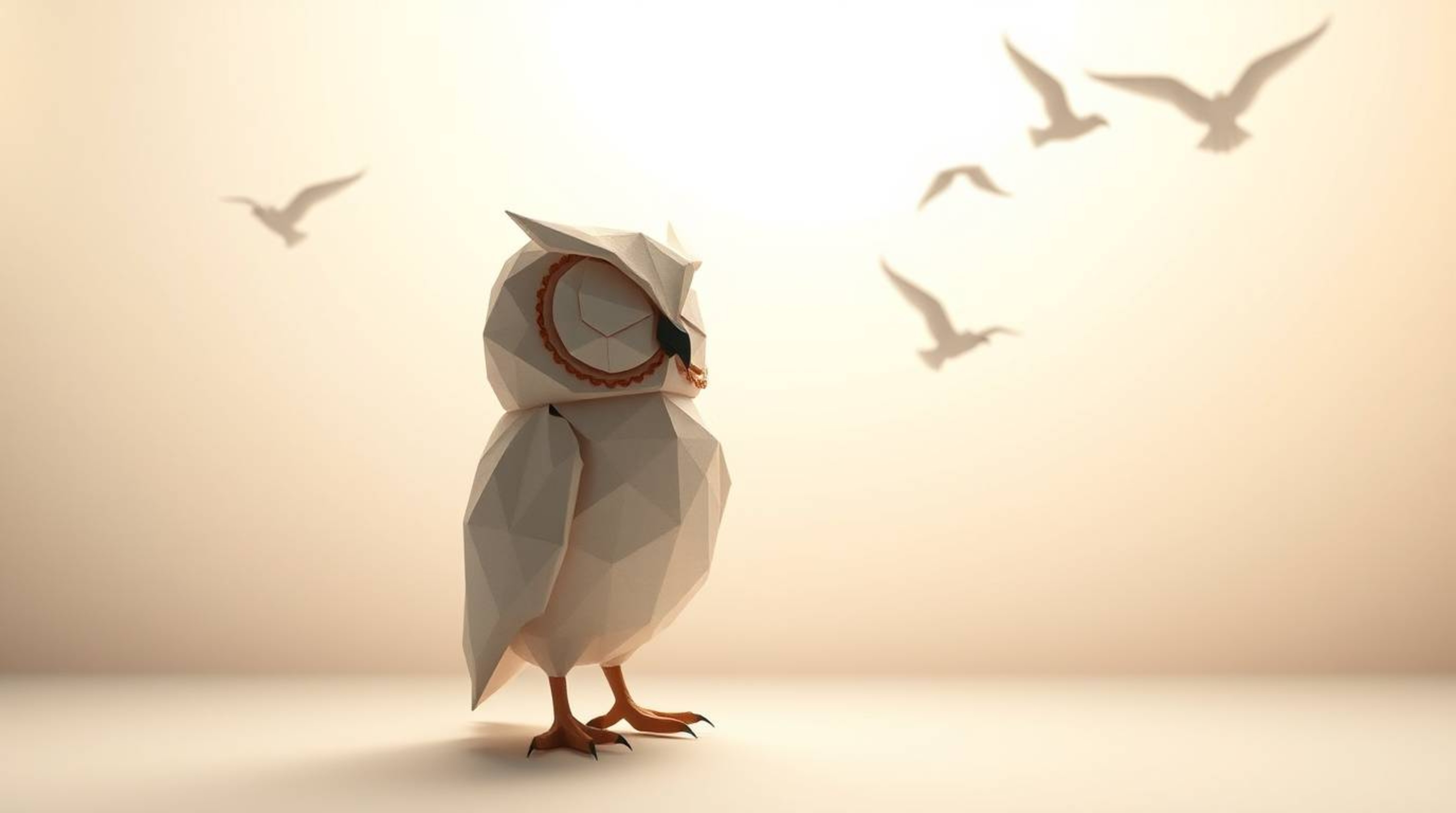 Explore a whimsical world featuring a blind owl with inner vision, rendered in an intricate origami style reminiscent of Pixa
