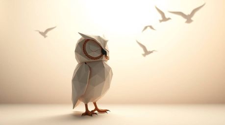 Explore a whimsical world featuring a blind owl with inner vision, rendered in an intricate origami style reminiscent of Pixa