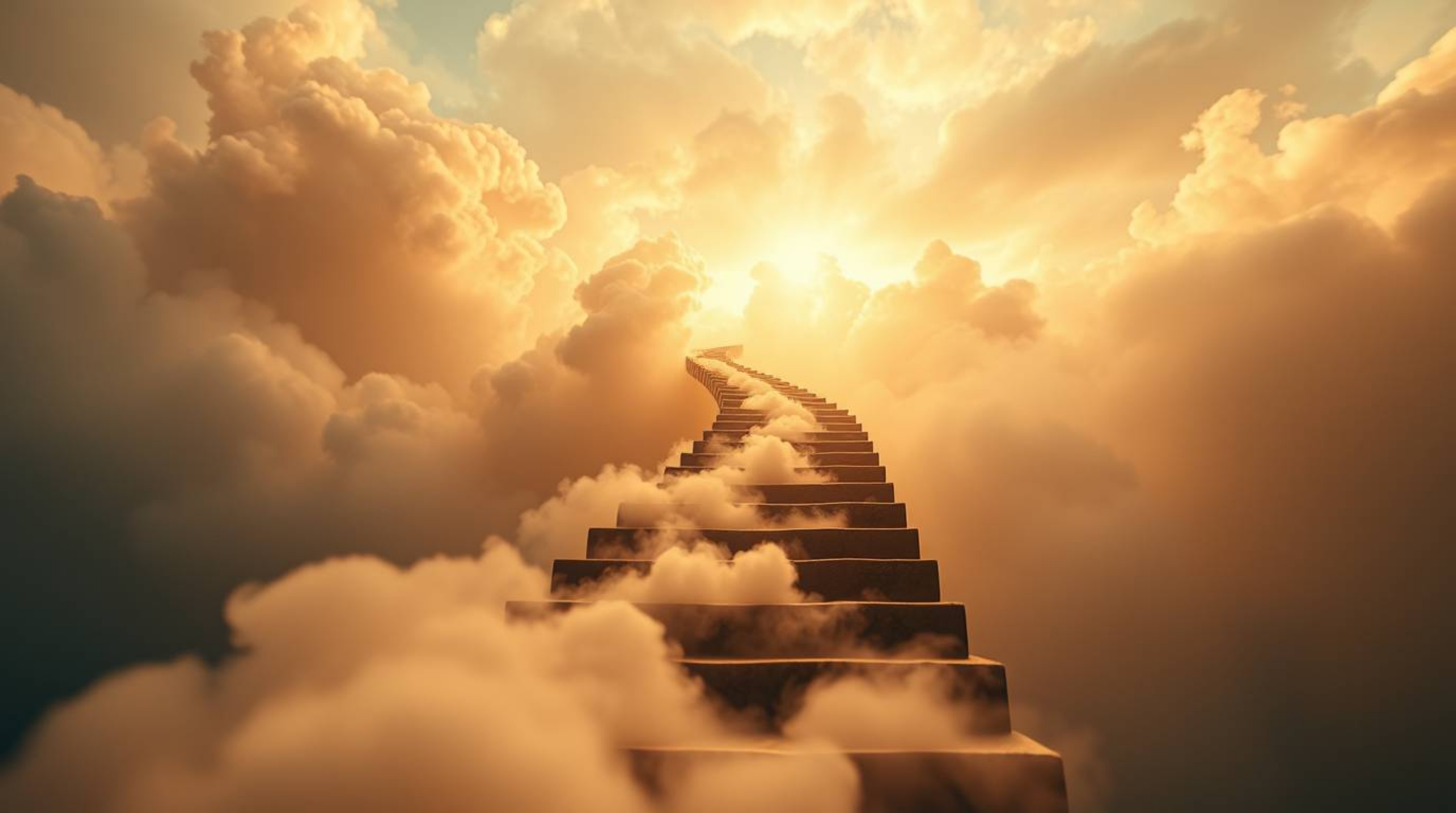 A captivating image of a winding stairway crafted from smoke and light, ascending into a vast, cloudy sky. This extreme macro