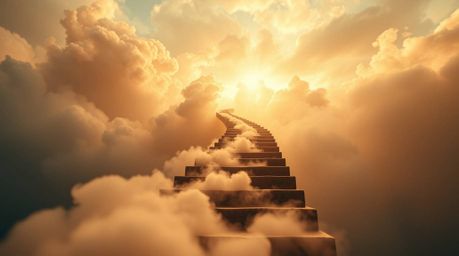 A captivating image of a winding stairway crafted from smoke and light, ascending into a vast, cloudy sky. This extreme macro