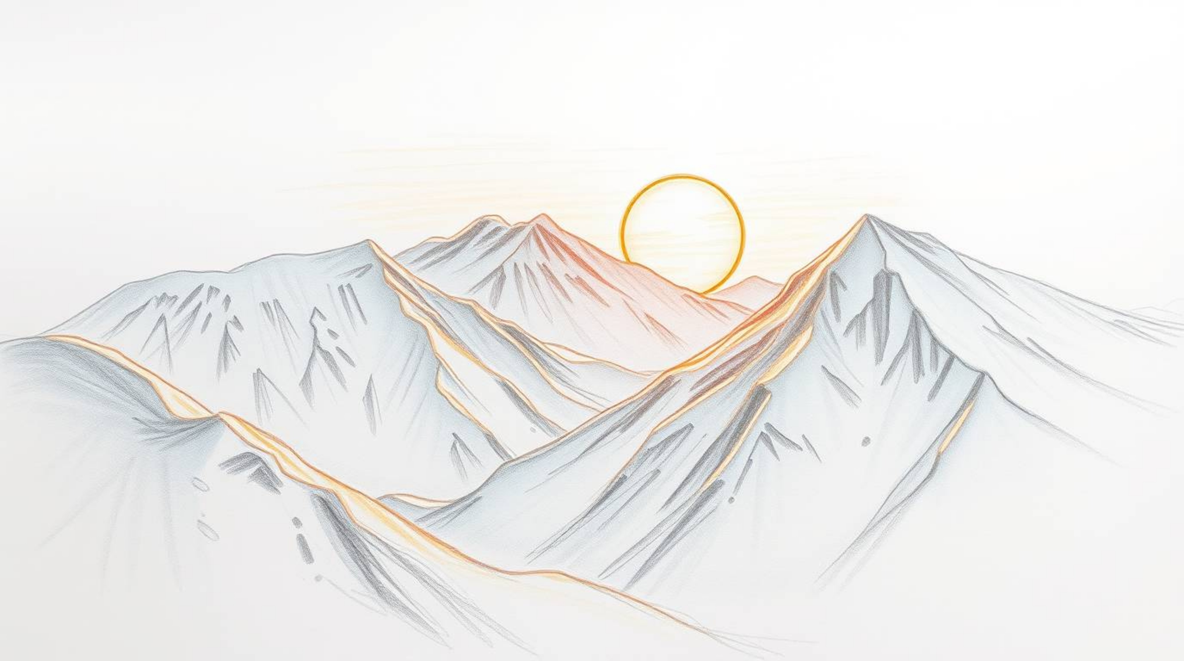 A captivating hand-drawn sketch showcases snow-covered mountains bathed in the warm glow of a golden hour sunset.  The pastel