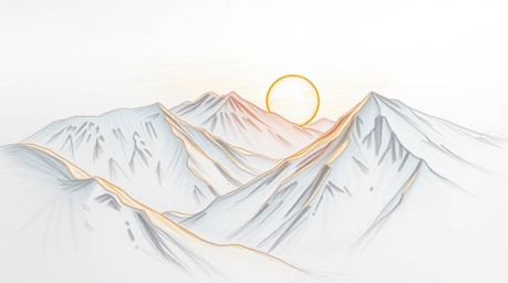 A captivating hand-drawn sketch showcases snow-covered mountains bathed in the warm glow of a golden hour sunset.  The pastel