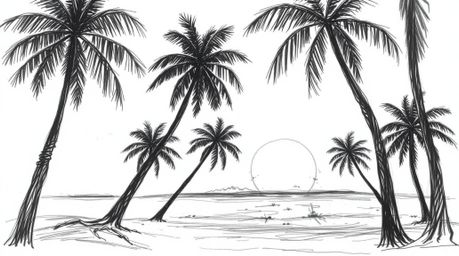 A captivating hand-drawn sketch depicting a tropical beach sunset.  The eerie, creepy atmosphere is conveyed through rough pe