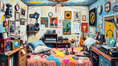 A bold and textured acrylic painting depicts a charmingly messy bedroom filled with weird gadgets and vibrant posters.  Visib