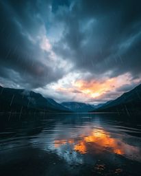 A split-toned photograph captures the gentle, soft light illuminating fiery cloud reflections in a mountain lake. The image i