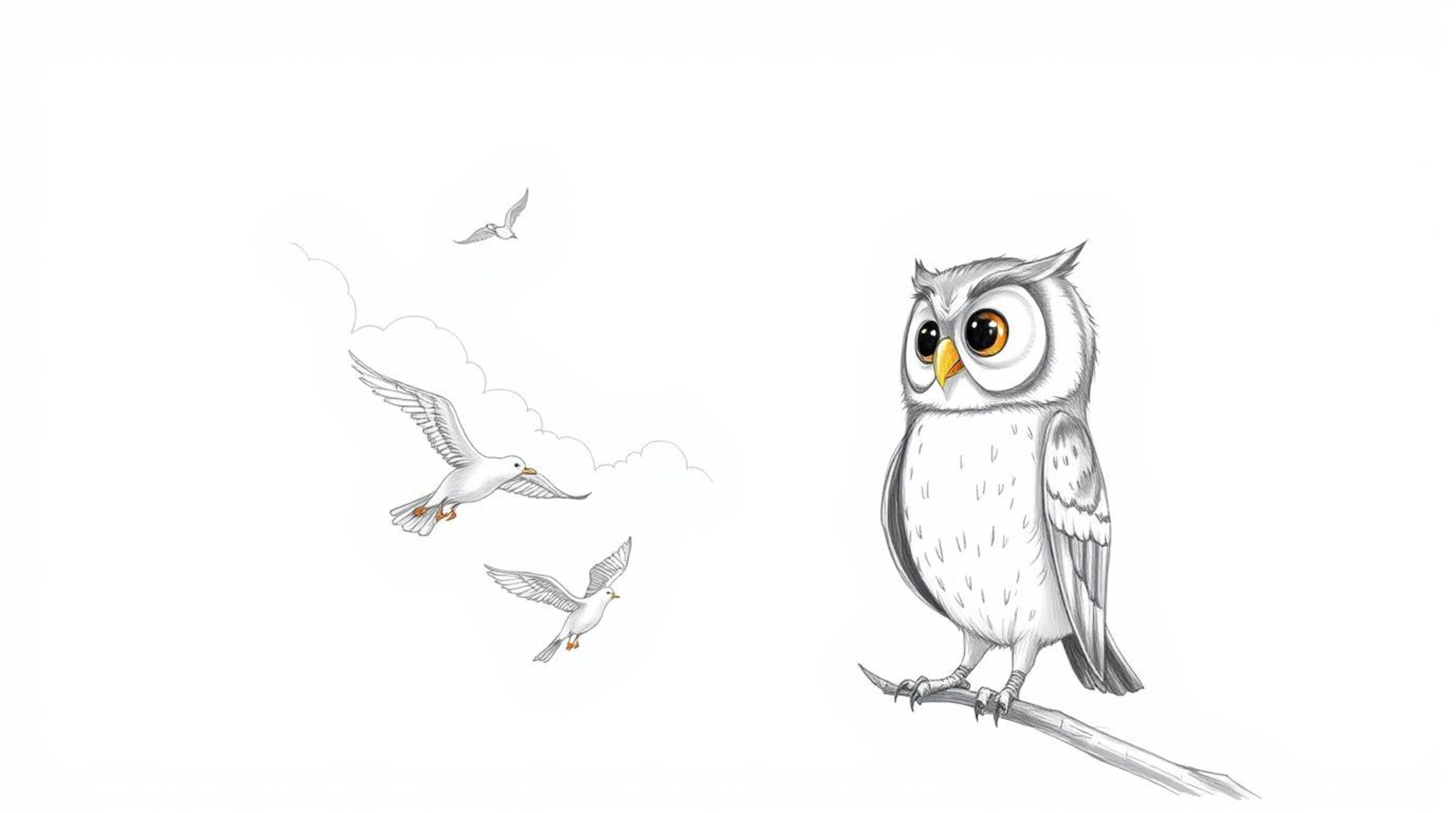 This is a charming hand-drawn sketch, created in the heartwarming style of Pixar animation. It features a blind owl with larg