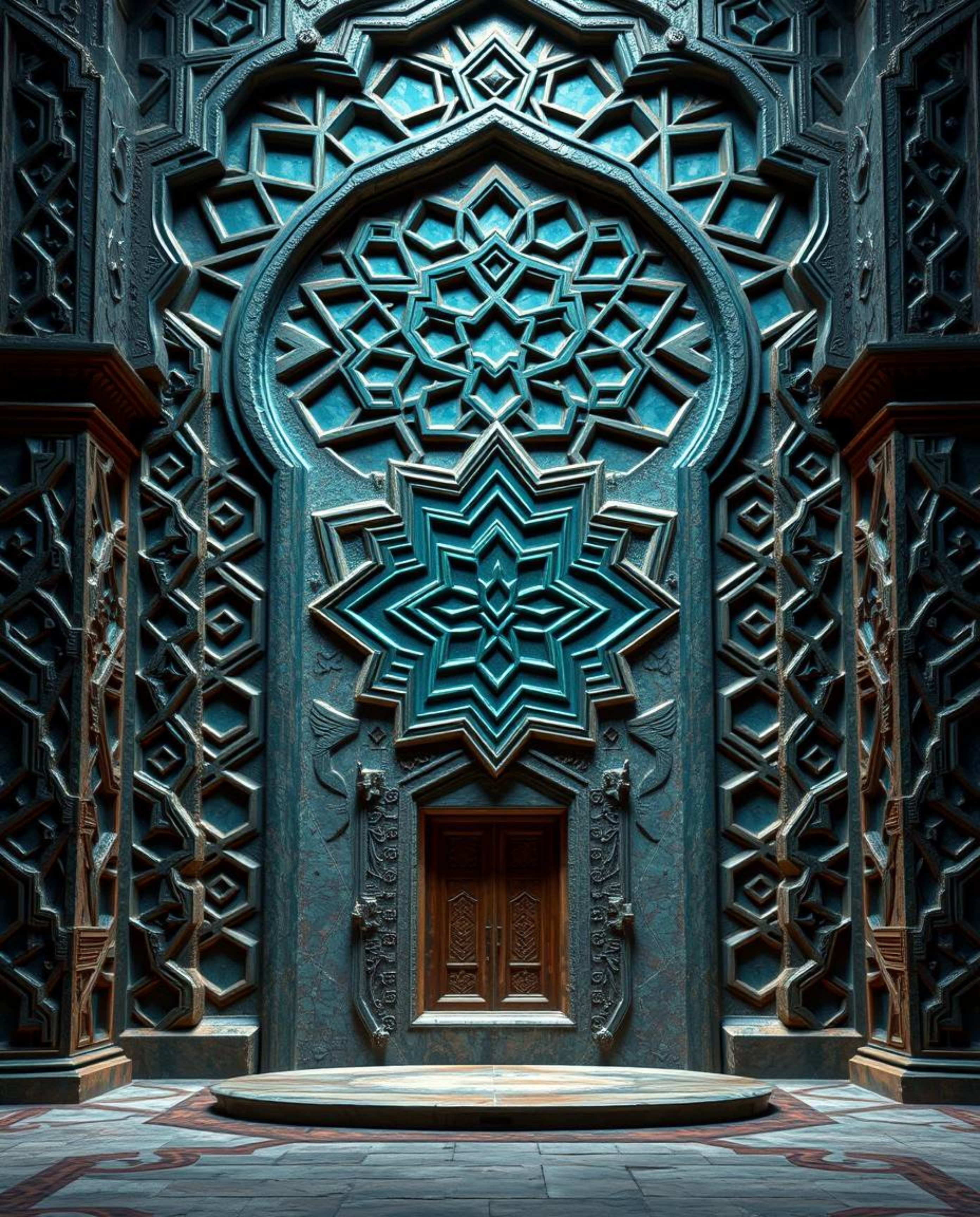 Experience a fusion of futuristic sci-fi aesthetics with rich, deep teal Islamic geometric patterns meticulously carved into 