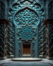 Experience a fusion of futuristic sci-fi aesthetics with rich, deep teal Islamic geometric patterns meticulously carved into 