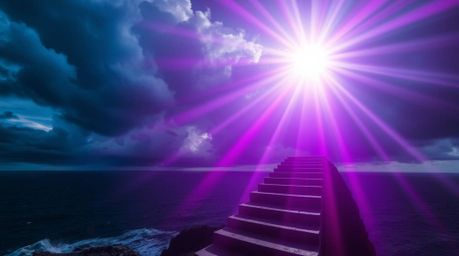 A dramatic ocean staircase photo showcases a breathtaking scene, reaching up to a stormy sky illuminated by a divine sunburst