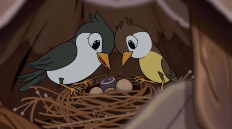 A captivating extreme macro close-up reveals two charming cartoon birds meticulously constructing their nest. Rendered in a