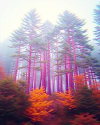 A mesmerizing image depicting a natural forest scene dramatically overlaid with a digital glitch effect in vibrant electric c