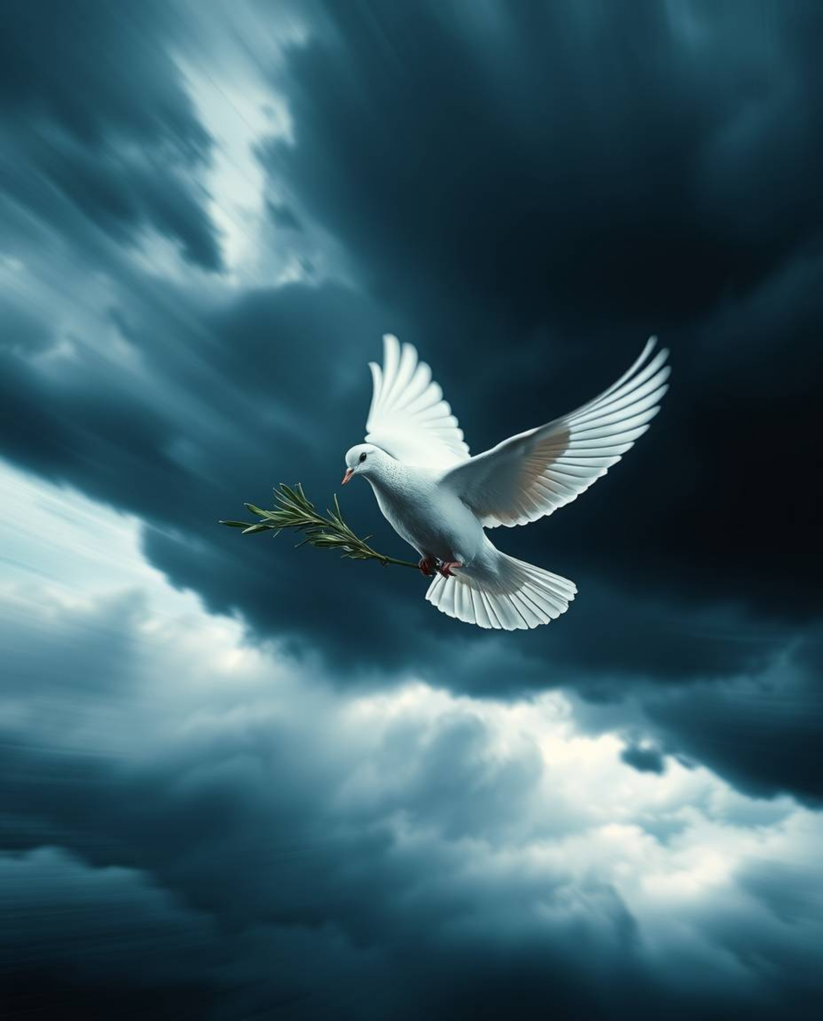 A powerful image of a dove carrying an olive branch through stormy skies, captured with dramatic lighting, dynamic motion, an