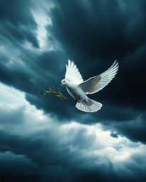 A powerful image of a dove carrying an olive branch through stormy skies, captured with dramatic lighting, dynamic motion, an