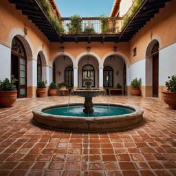 Experience the charm of a classic Spanish courtyard, a tranquil oasis featuring warm terracotta tiles, a vibrant display of f