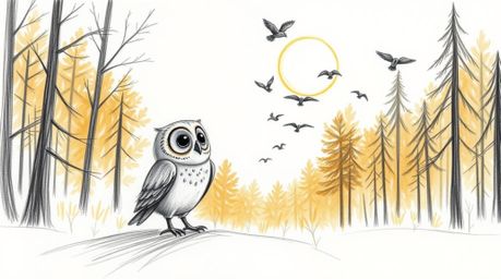 A heartwarming hand-drawn sketch in the style of Pixar, depicting a gentle blind owl with soft feathers teaching a flock of b