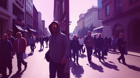 This split-frame street photograph captures candid moments in an urban setting, enhanced by a captivating gradient texture in