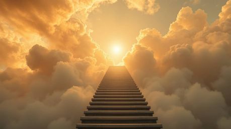 An extreme close-up macro photograph depicts a surreal stairway ascending through smoky clouds towards a radiant celestial li