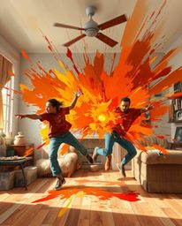 Immerse yourself in a dynamic digital painting featuring a room exploding with vibrant paint. Warm autumn colors and blurred 