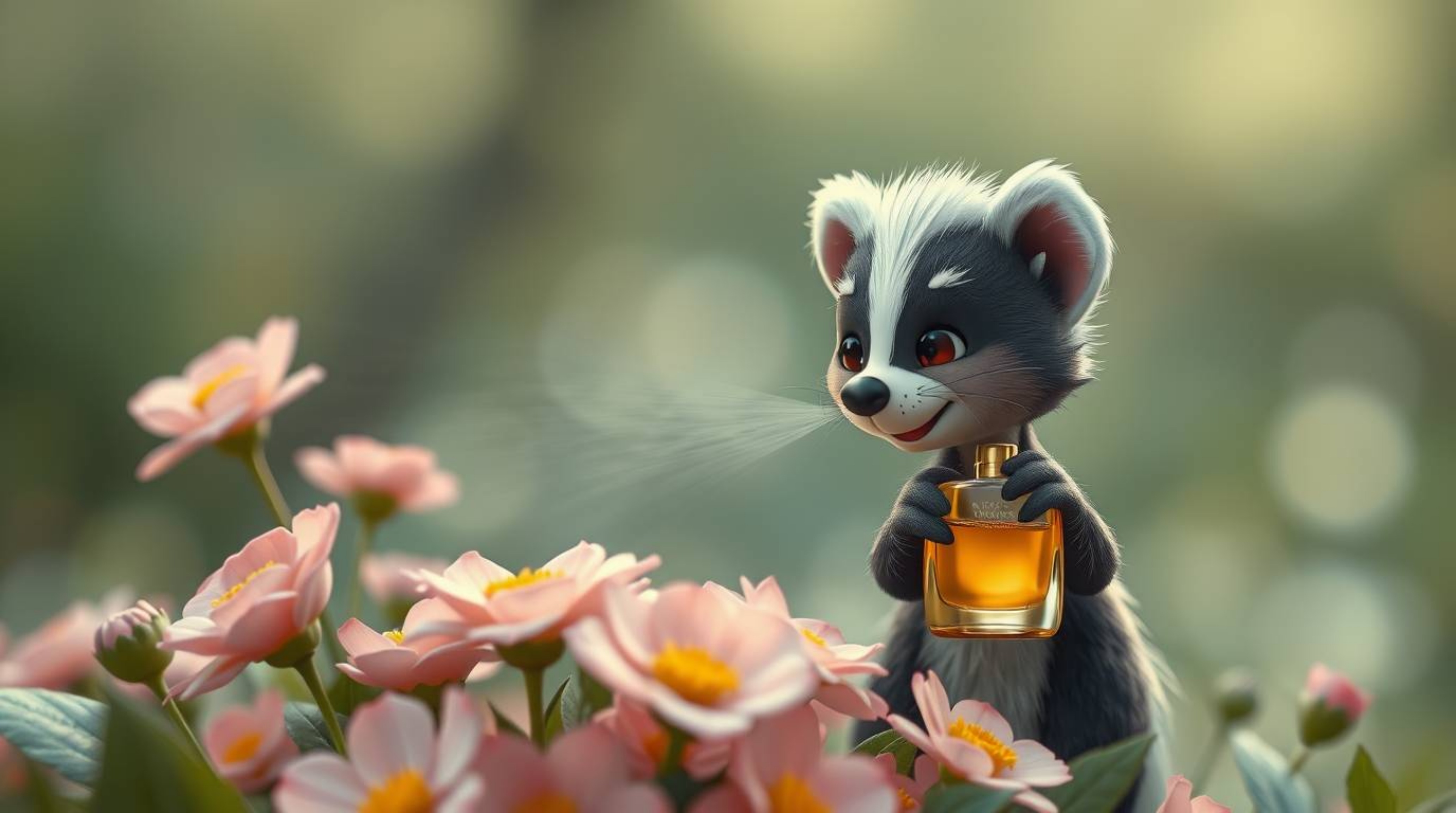 A charming cartoon skunk playfully sprays perfume on delicate flowers, enveloped in a soft cinematic haze. The soft focus and