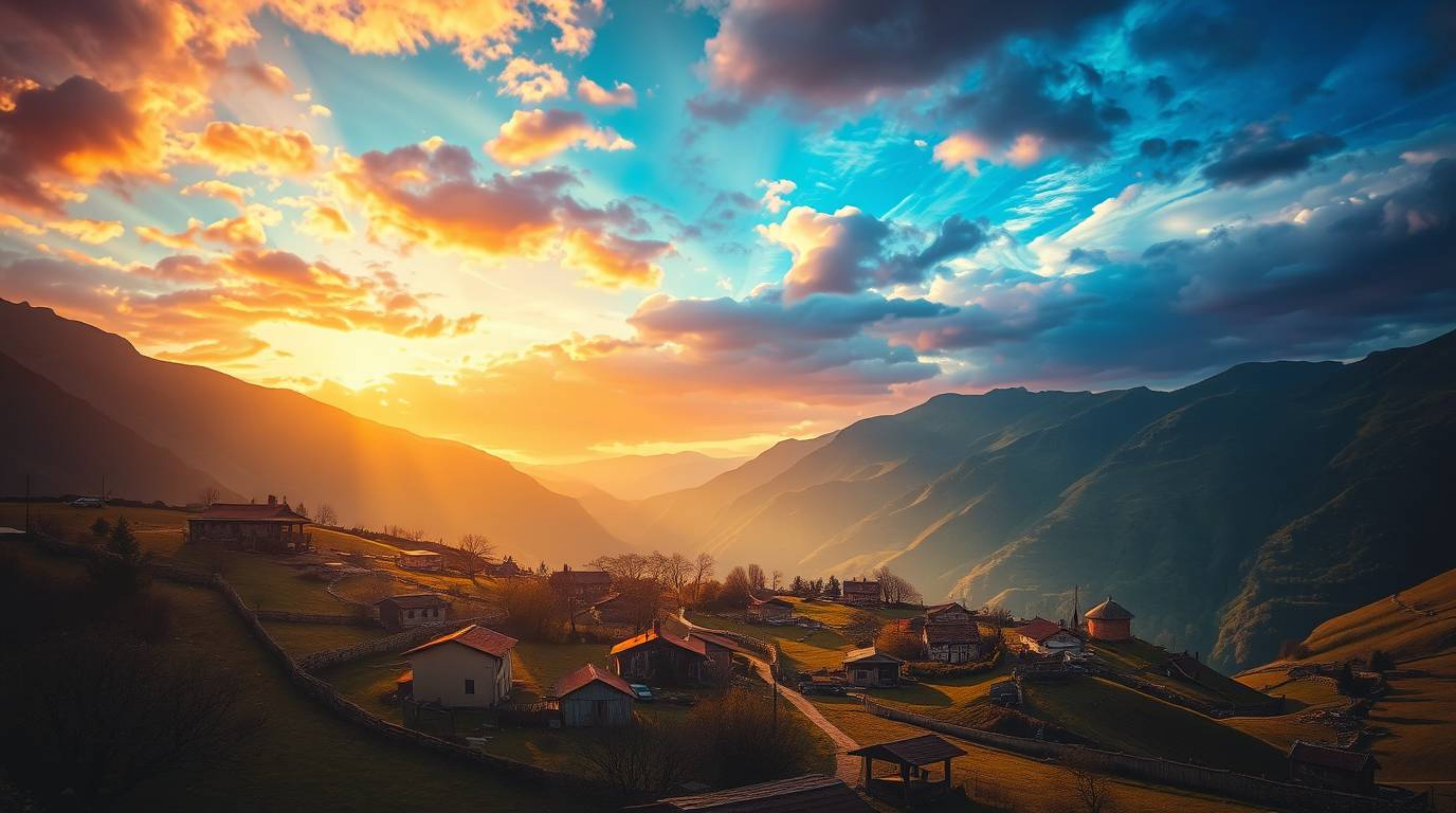 Discover a charming village nestled in a vibrant valley, bathed in the radiant glow of a colorful sky.  This idyllic scene is