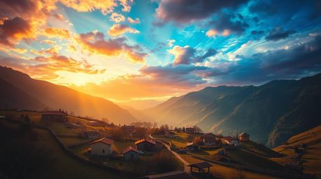Discover a charming village nestled in a vibrant valley, bathed in the radiant glow of a colorful sky.  This idyllic scene is