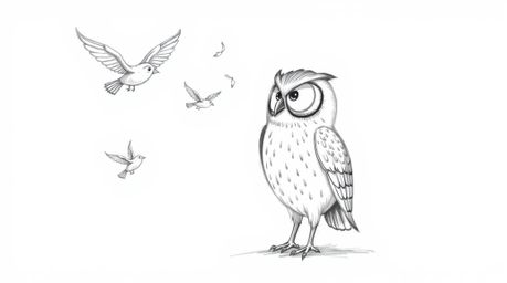 A heartwarming hand-drawn sketch in Pixar style depicts a blind owl, rendered with textured pencil strokes and rough lines ag