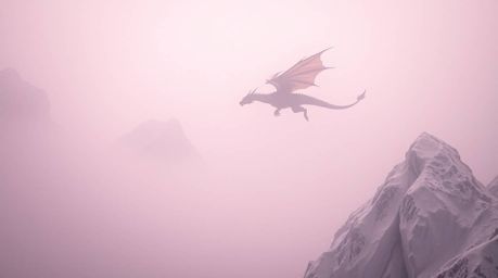Experience a surreal journey with an infrared image showcasing a dragon and rider soaring above icy mountains, shrouded in th
