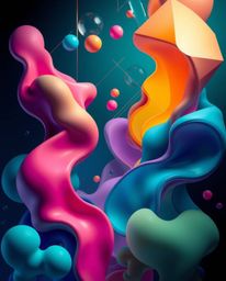 Explore a visually stunning abstract composition featuring colorful 3D fluid shapes interacting with geometric forms, rendere