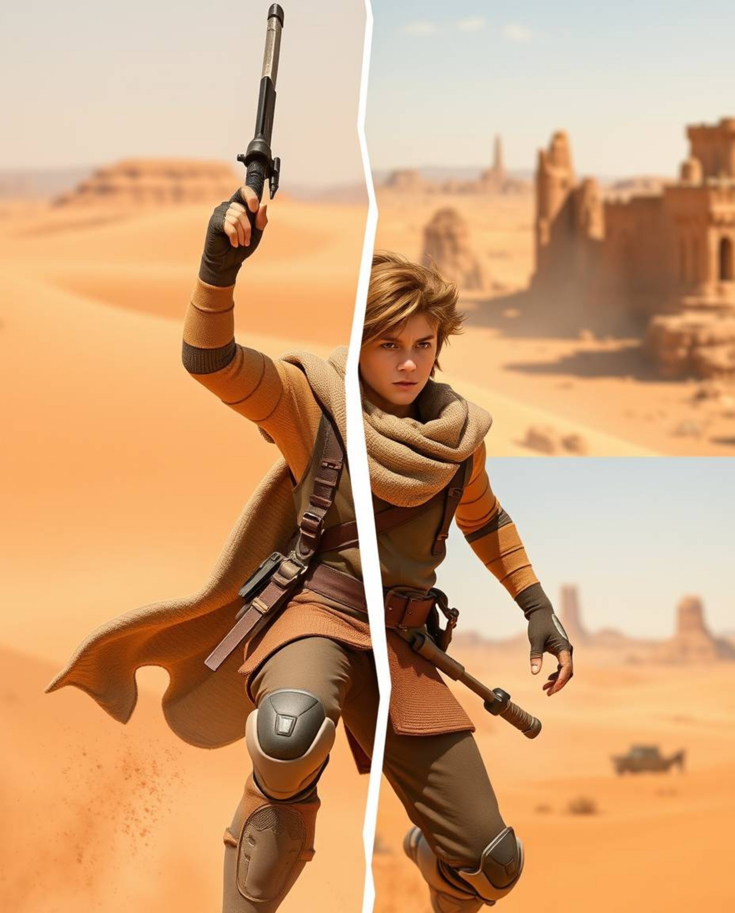 Embark on a captivating Disney-style desert adventure with a brave hero facing challenges amidst distinct split compositions