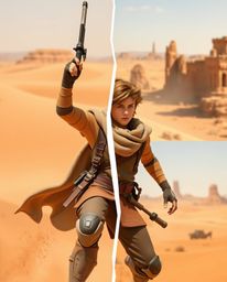 Embark on a captivating Disney-style desert adventure with a brave hero facing challenges amidst distinct split compositions