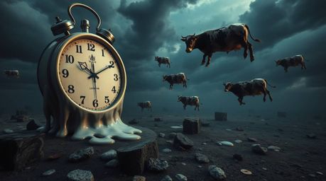 A captivating surreal dreamscape photograph depicts melting clocks and floating cows from a dramatic bird's-eye perspective. 