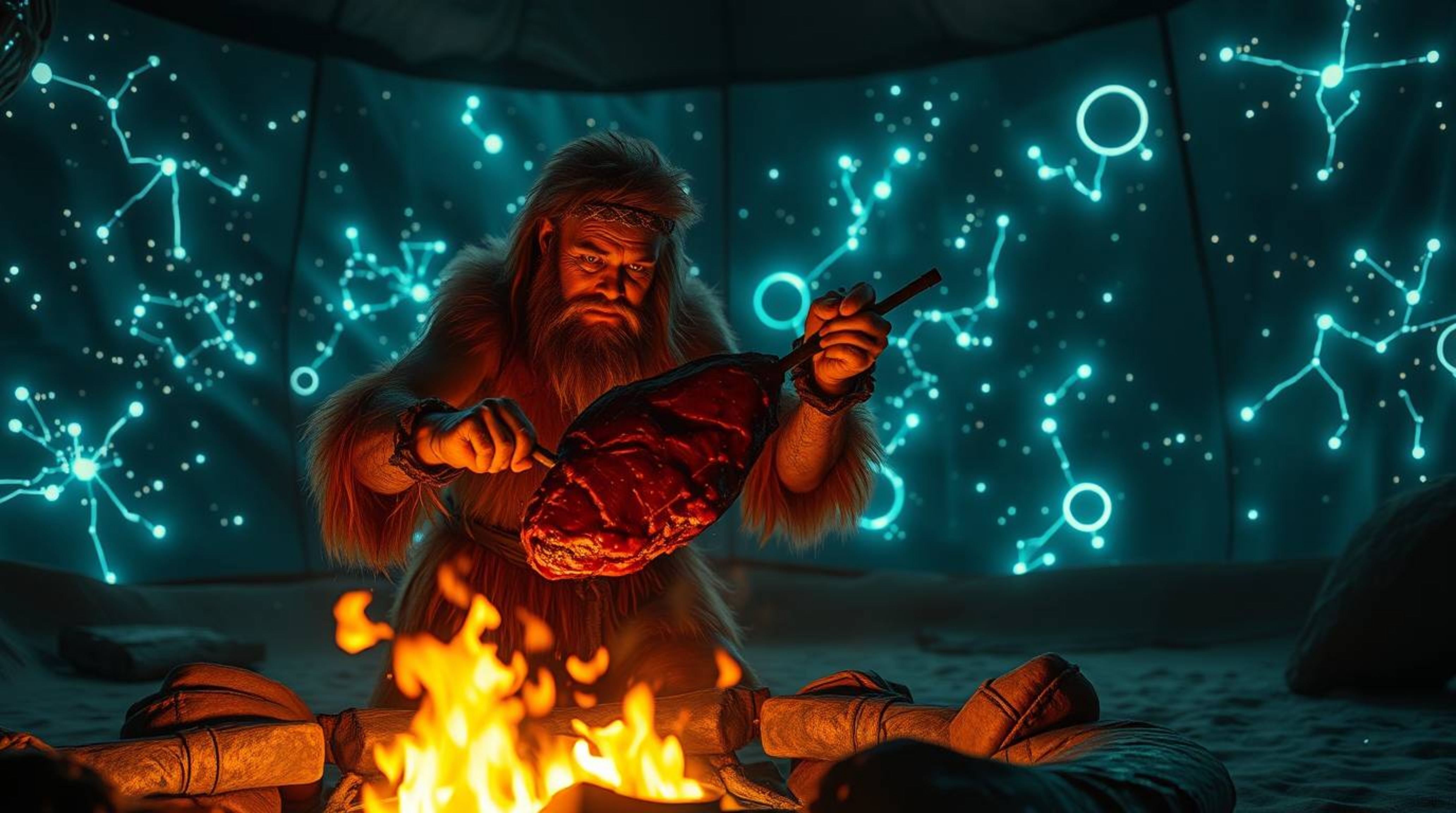 Imagine a caveman, dressed in furs, expertly roasting mammoth meat over a cutting-edge fire pit. This scene is made even more