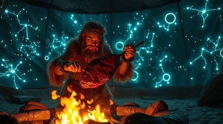 Imagine a caveman, dressed in furs, expertly roasting mammoth meat over a cutting-edge fire pit. This scene is made even more