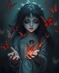 A captivating digital painting depicts a girl gently releasing butterflies into a dark, unsettling, yet dreamlike atmosphere.