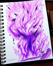 A captivating hand-drawn sketch bathed in deep ultraviolet hues, depicting a dramatic and cinematic surreal storm. Flying obj
