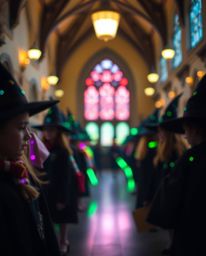 Capture the enchanting magic of a bioluminescent wizarding school in this stunning photograph.  Young wizards fill the scene,