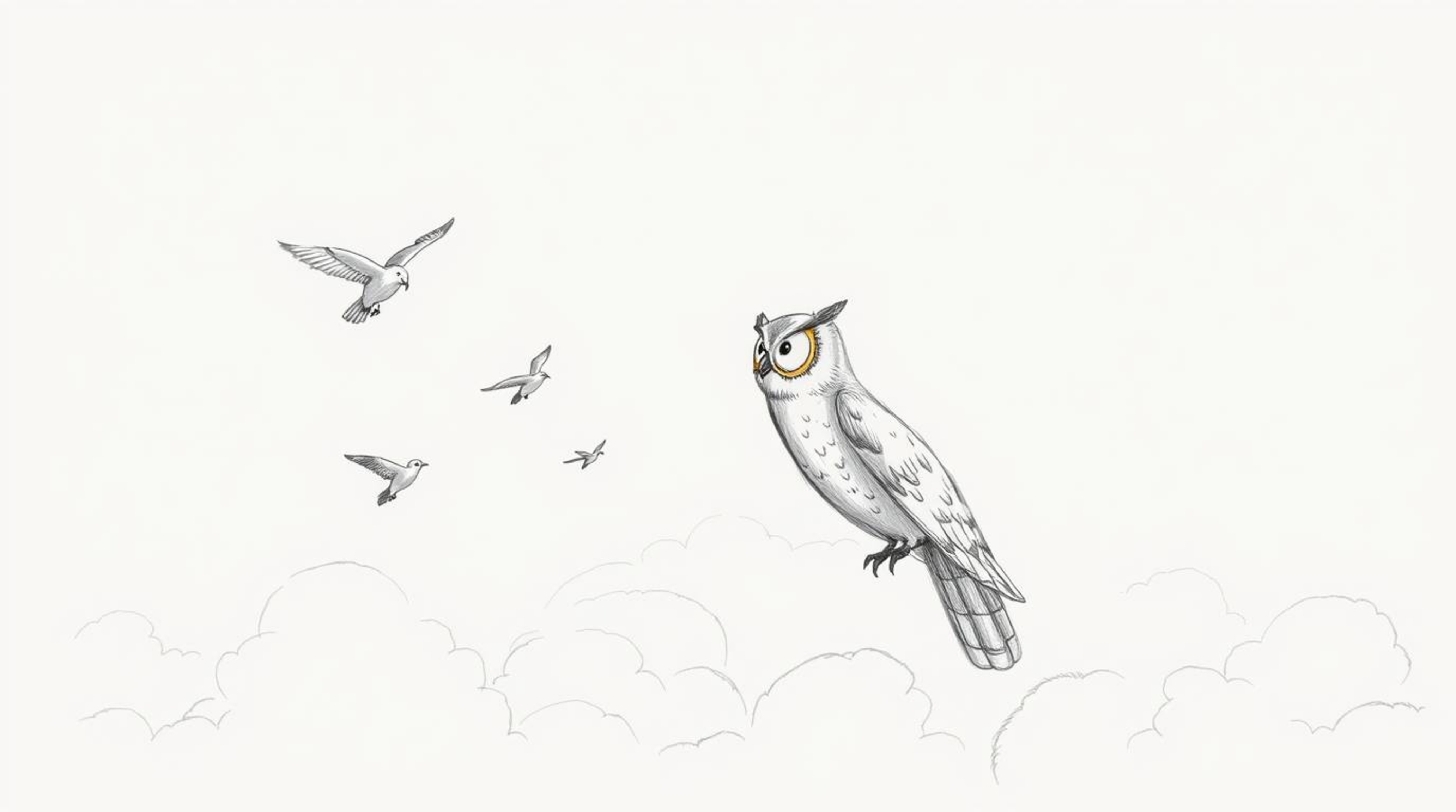 A heartwarming hand-drawn sketch in a Pixar-like style depicting a wise, blind owl imparting flight lessons to a group of sma
